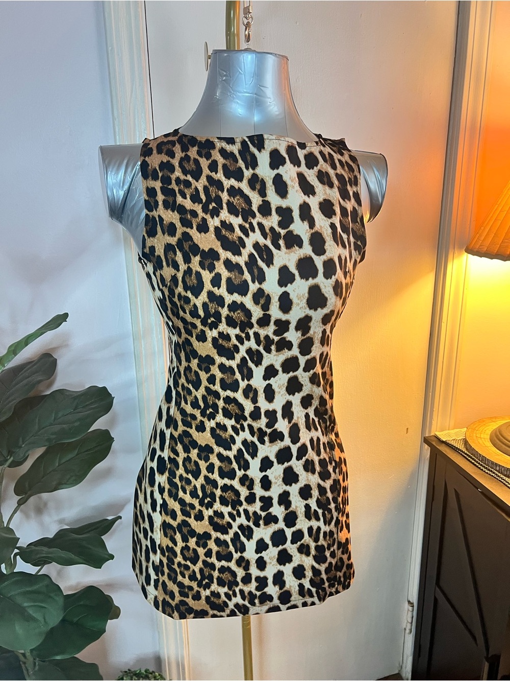 Sleeveless Leopard Print Shift Dress - Brown